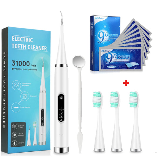 Electric Dental Scaler + 9D Teeth Whitening Strips Tooth Cleaner Whitener Set Tartar Stains Calculus Remover Oral Hygiene Care