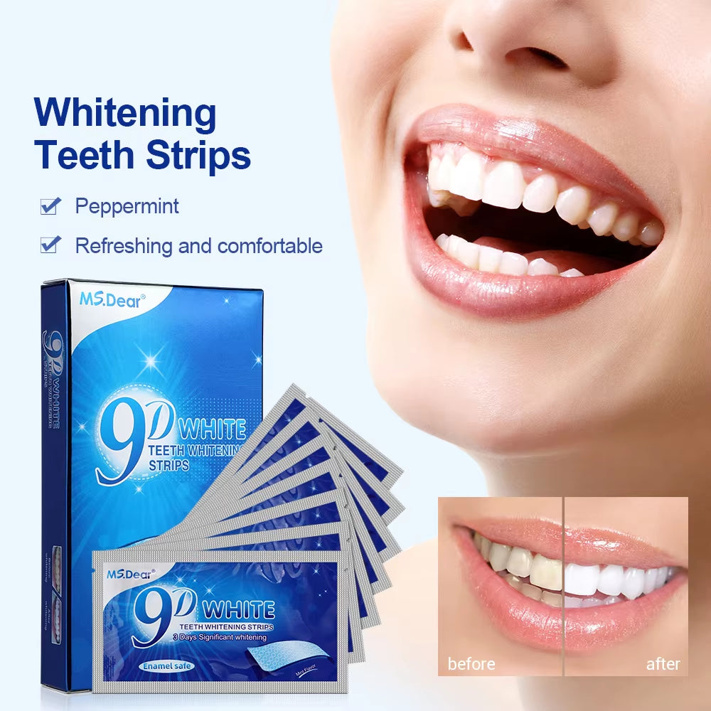 14Pcs/Box 9D Teeth Whitening Strips Toothpaste Gel Oral Hygiene Care Double Elastic Teeth Bleaching Strips False Teeth Veneers