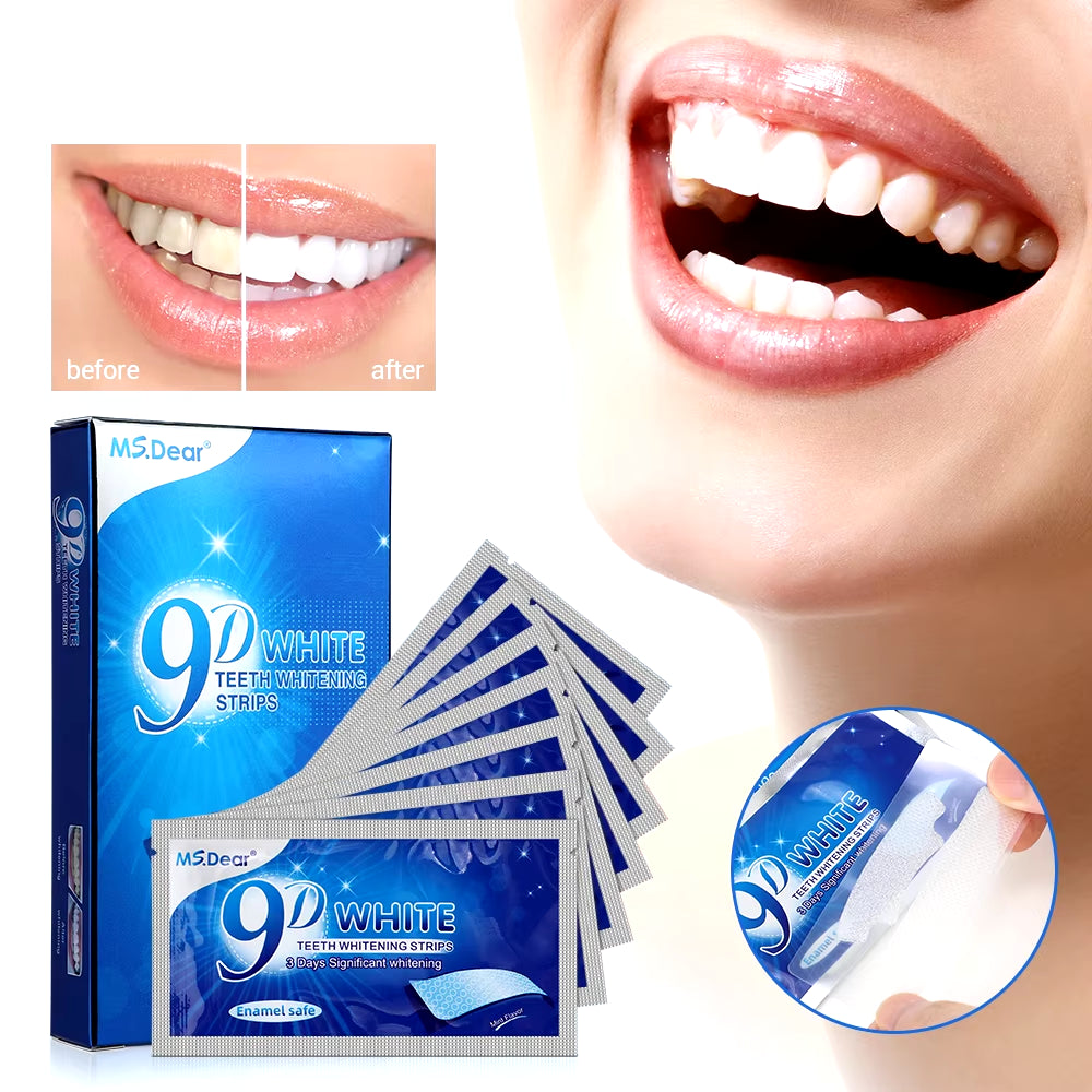 14Pcs/Box 9D Teeth Whitening Strips Toothpaste Gel Oral Hygiene Care Double Elastic Teeth Bleaching Strips False Teeth Veneers