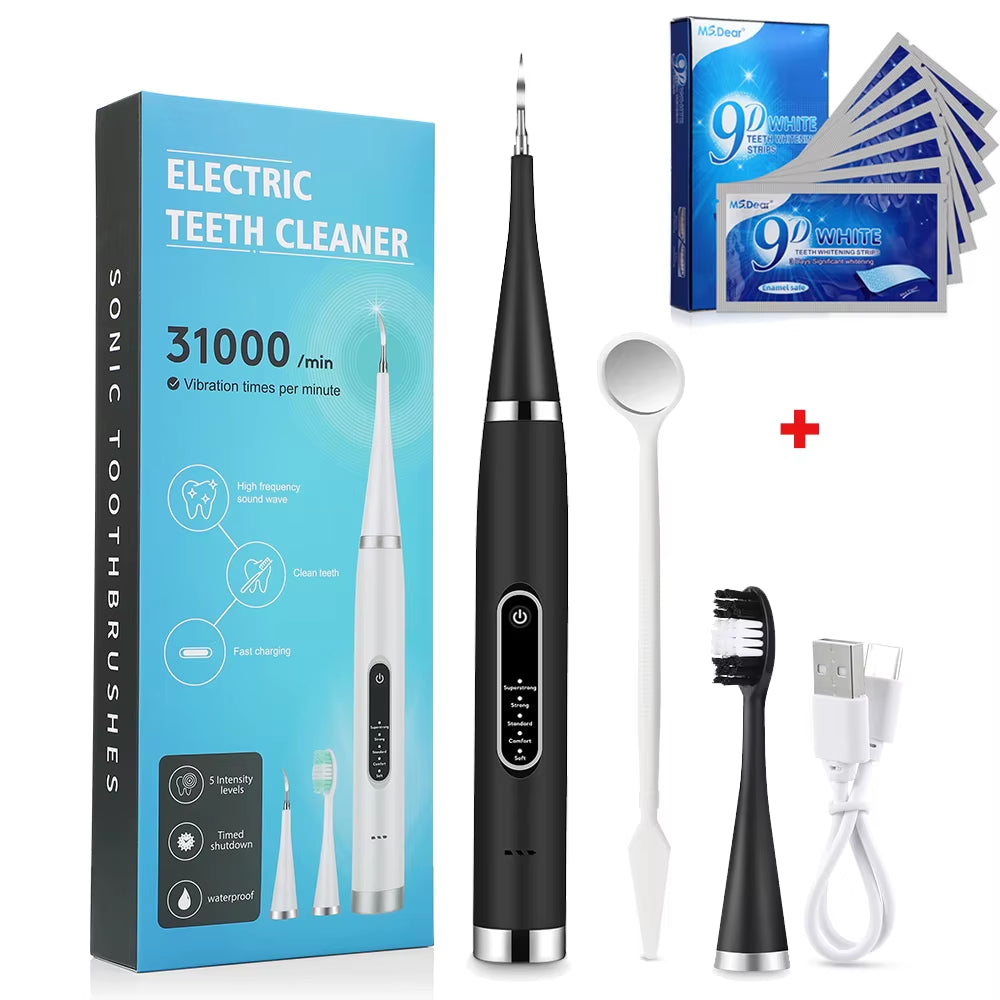 Electric Dental Scaler + 9D Teeth Whitening Strips Tooth Cleaner Whitener Set Tartar Stains Calculus Remover Oral Hygiene Care